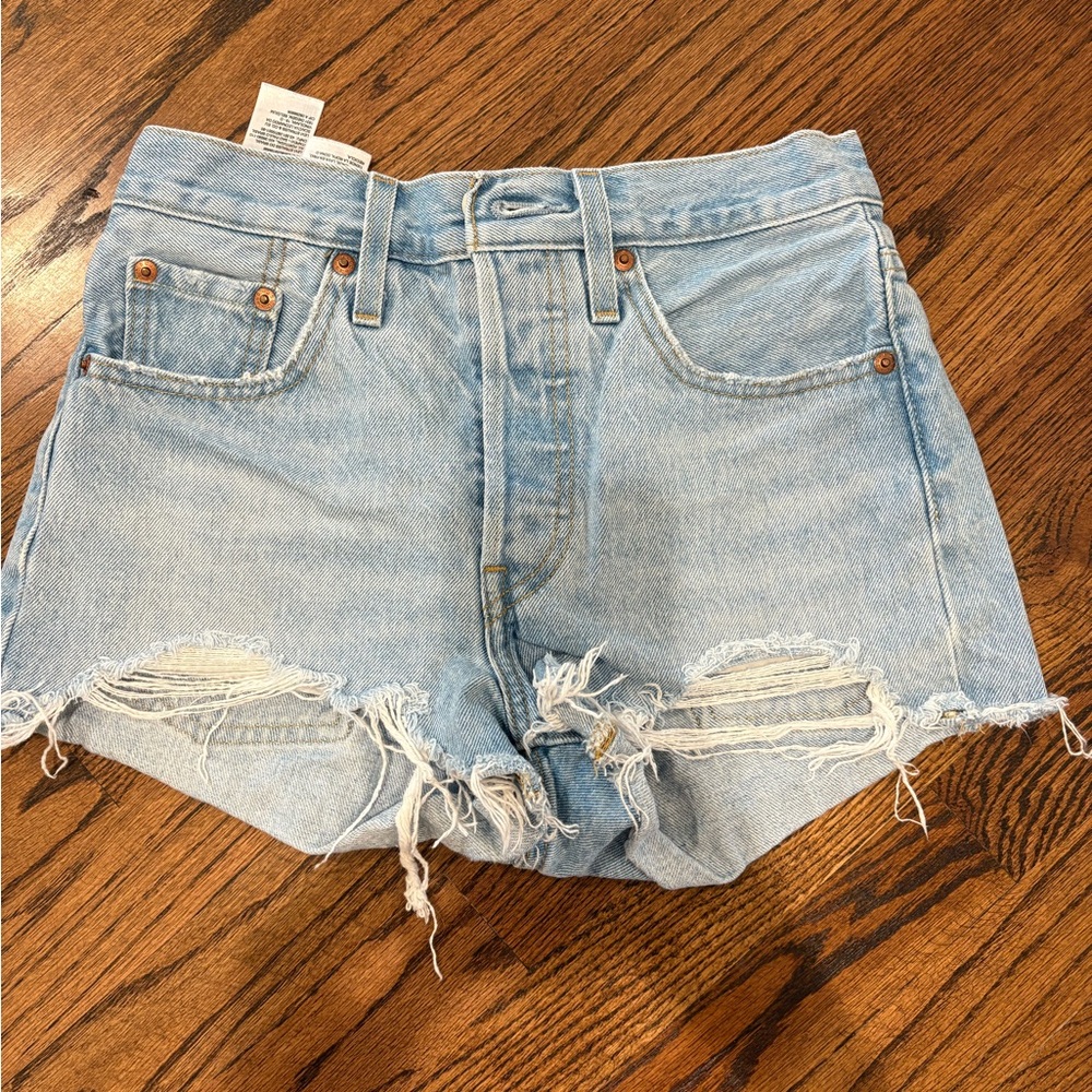 Distressed Light Blue Denim Shorts